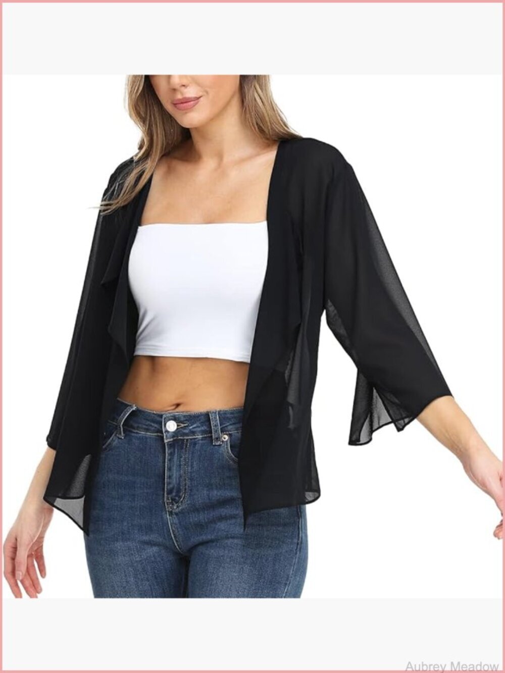 Women's Chiffon Sheer 3/4 Sleeve Bolero Shrug Cardigan Open Front Kimono Cover